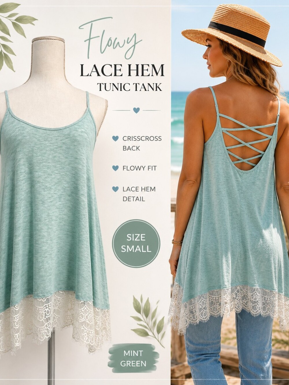 Vanity Mint Green Lace Trim Swing Tank Criss Cross High Low Boho Festival Top S